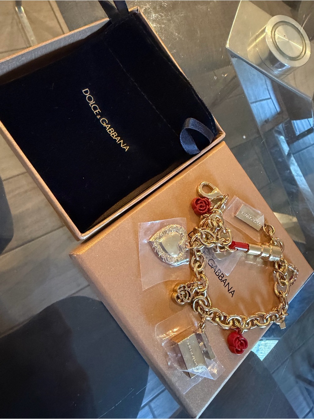 Dolce & Gabbana Gold Charm Bracelet with Red Rose Details